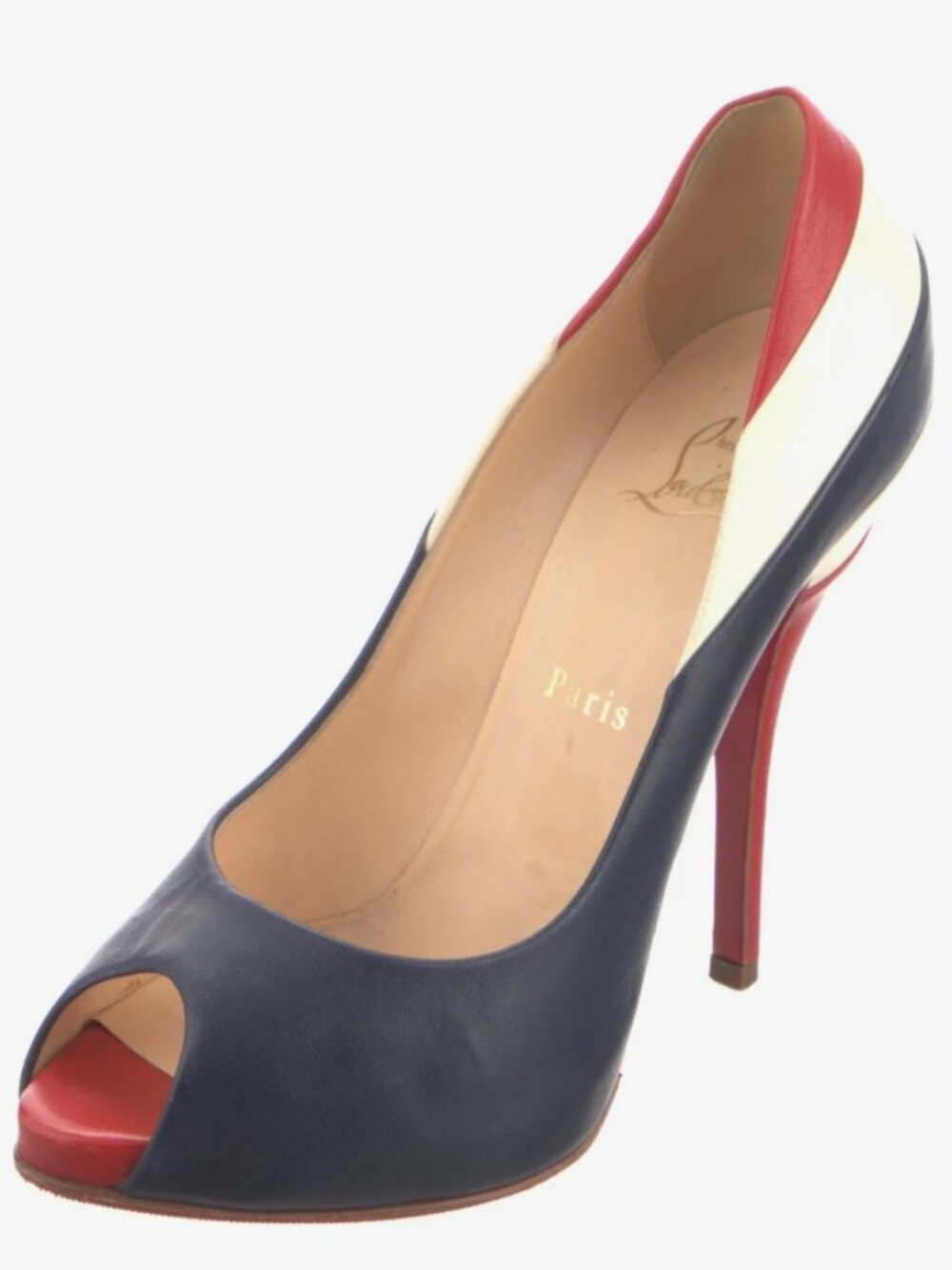 Christian Louboutin red, white, and navy peep-toe platform pumps w/dust bag